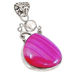 Natural Pink Botswana Lace Agate, White Pearl Gemstone Solid .925 Sterling Silver Pendant - BELLADONNA