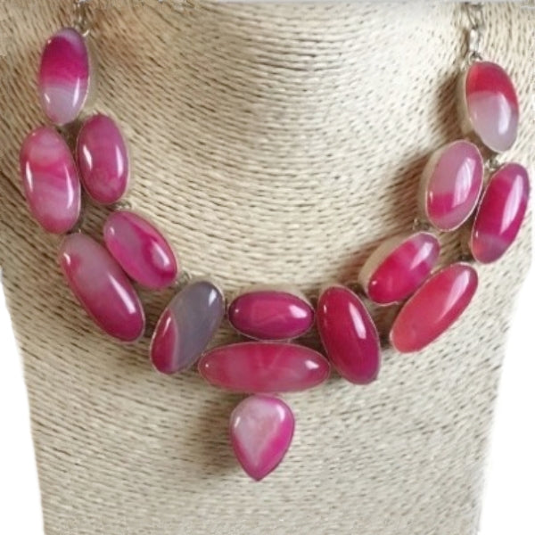 Statement Piece Natural Pink Botswana Lace Agate Gemstone .925 Silver Necklace - BELLADONNA