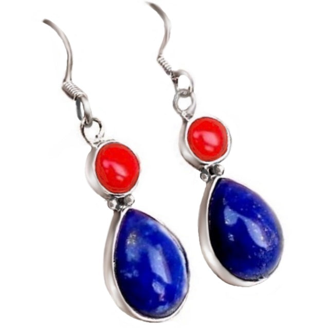 Red Coral & Lapis Lazuli Solid .925 Sterling Silver Earrings - BELLADONNA