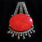 Victorian Marcasite Natural Red Coral  Solid .925 Sterling Silver Pendant - BELLADONNA