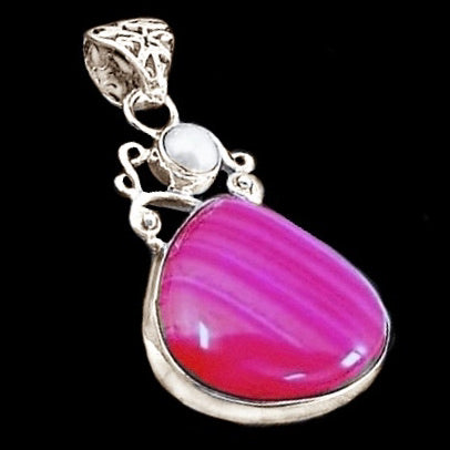 Natural Pink Botswana Lace Agate, White Pearl Gemstone Solid .925 Sterling Silver Pendant - BELLADONNA