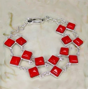 Double Row Handmade Red Coral Gemstone  925 S /Silver Bracelet - BELLADONNA