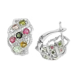 Natural Multi Tourmaline, White Cubic Zirconia Gemstone Solid .925 Sterling Silver Earrings - BELLADONNA