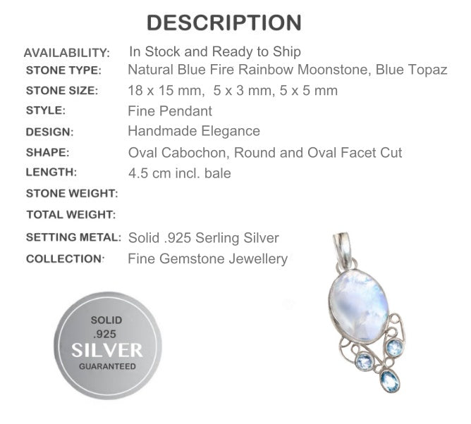 Natural Rainbow Moonstone, Blue Topaz Gemstone Solid .925 Sterling Silver Pendant - BELLADONNA