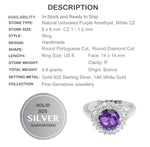 Natural Round Portuguese Cut Purple Amethyst,White Cz Solid .925 Silver Ring Size 8 - BELLADONNA