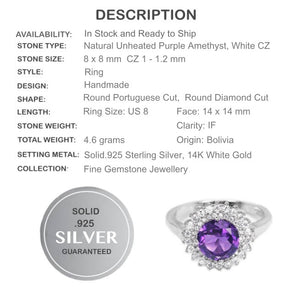 Natural Round Portuguese Cut Purple Amethyst,White Cz Solid .925 Silver Ring Size 8 - BELLADONNA