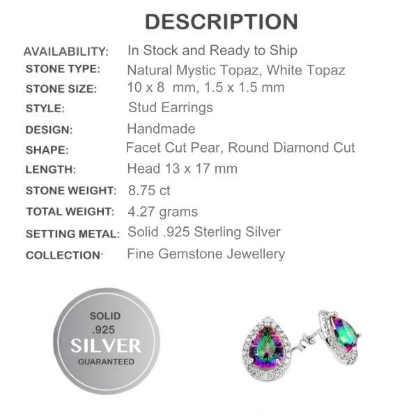 8.75 Cts Rainbow Mystic White Topaz Stud Earrings In Solid .925 Sterling Silver - BELLADONNA