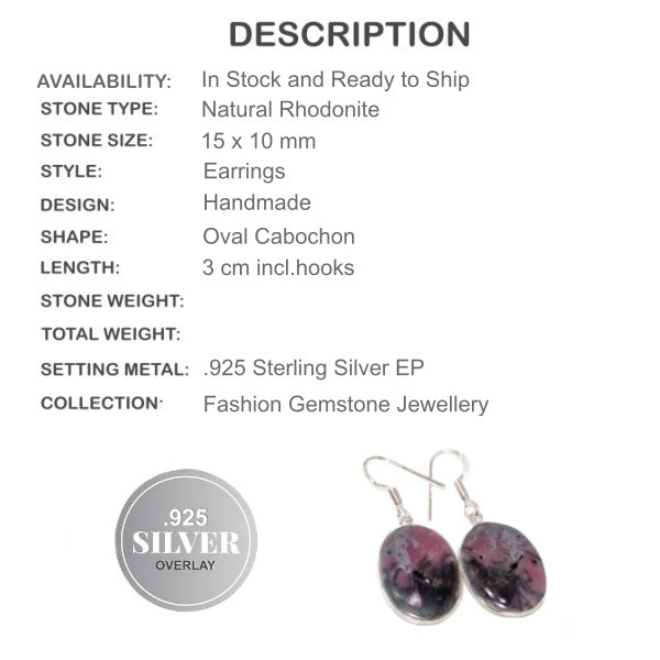 Natural Rhodonite Oval Gemstone .925 Silver Earrings - BELLADONNA