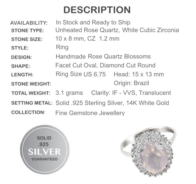 10 X 8 mm Natural Rose Quartz, Cubic Zirconia Solid.925 Sterling Silver Ring Size 6.75 - BELLADONNA