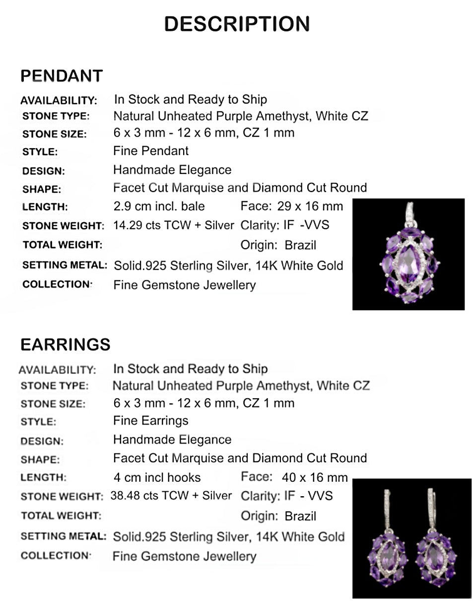 Natural Purple Amethyst .925 Sterling Silver Pendant and Earrings Set - BELLADONNA