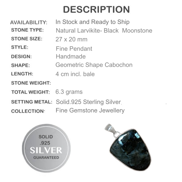 Norwegian Natural Larvikite Black Moonstone Gemstone Solid .925 Sterling Silver Pendant - BELLADONNA
