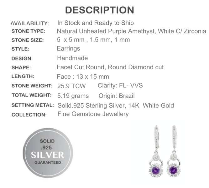 Brazilian Natural Purple Amethyst and White Cubic Zirconia Solid .925 Sterling Silver Earrings - BELLADONNA