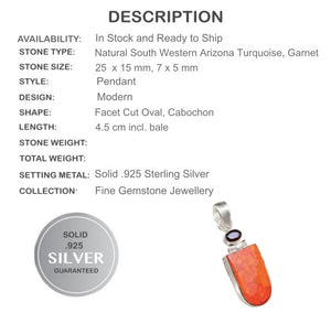 Natural South Western Arizona Turquoise, Garnet Solid .925 Sterling Silver Pendant - BELLADONNA