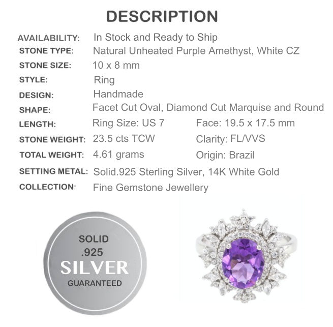 Brazilian AAA Natural Purple Amethyst, White Cz Solid .925 Sterling Silver Ring Size US 7 - BELLADONNA