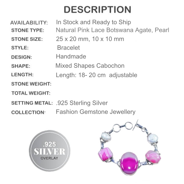 Natural Pink Botswana Lace Agate, Pearl Gemstone .925 Silver Bracelet - BELLADONNA