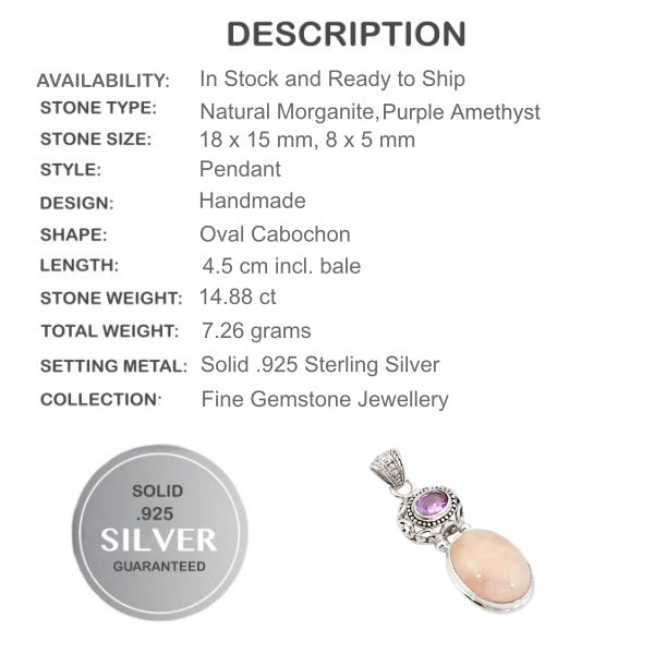 14.88 cts Earth Mined Morganite and Purple Amethyst Gemstone Solid .925 Silver Pendant - BELLADONNA