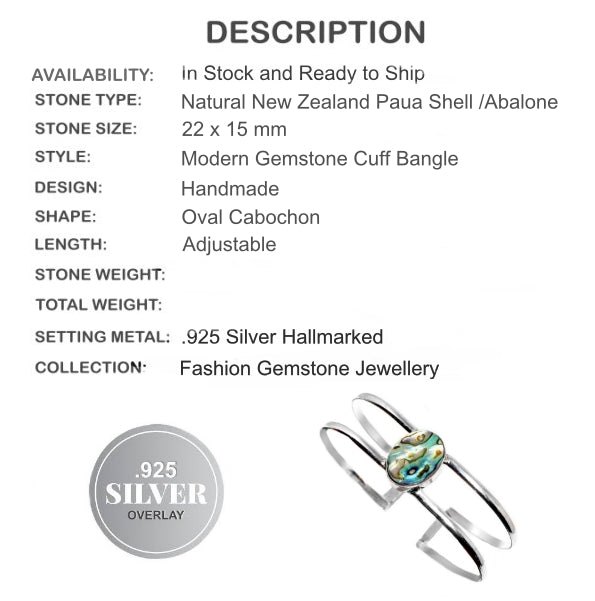 Natural New Zealand Abalone In .925 Sterling Silver Cuff Bangle - BELLADONNA