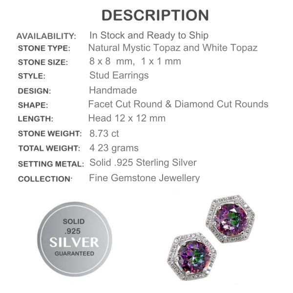 Natural Rainbow Mystic Topaz, White Topaz Stud Earrings In Solid .925 Sterling Silver - BELLADONNA