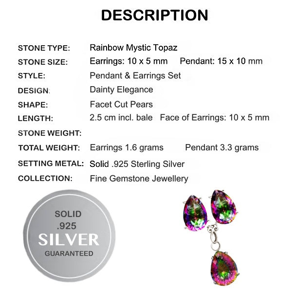Dainty Natural Rainbow Mystic White Topaz Pendant & Stud Earrings In Solid .925 Sterling Silver Set - BELLADONNA