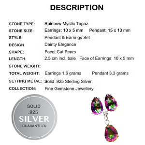 Dainty Natural Rainbow Mystic White Topaz Pendant & Stud Earrings In Solid .925 Sterling Silver Set - BELLADONNA