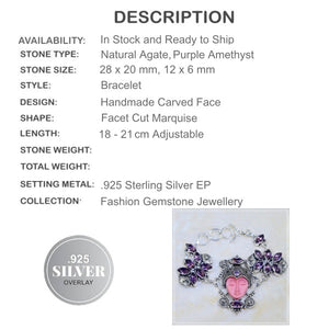 Carved Face Agate, Purple Amethyst Gemstone .925 Sterling Silver Bracelet - BELLADONNA