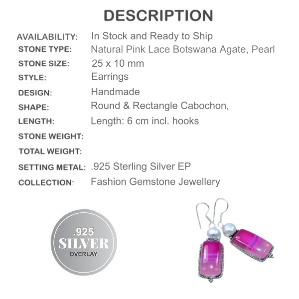 Natural Pink Botswana Lace Agate,Pearl Gemstone .925 Silver Earrings - BELLADONNA