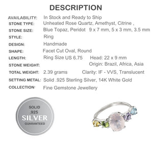 Earth Mined Genuine Stones Rose Quartz, Multi-Gem Solid.925 Sterling Silver Ring Size 6.75 - BELLADONNA