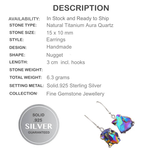 Natural Titanium Aura Quartz Gemstone Solid .925 Sterling Silver Earrings - BELLADONNA