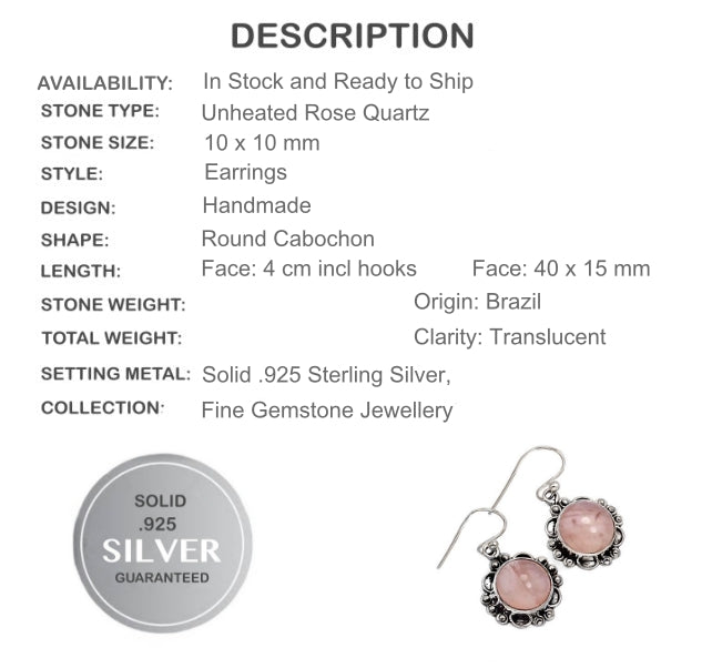 Natural Rose Quartz Gemstone Solid.925 Sterling Silver Earrings - BELLADONNA