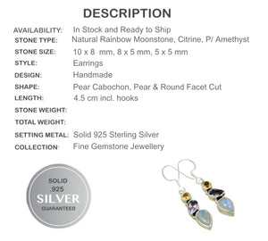 Natural Rainbow Moonstone Purple Amethyst Citrine Solid .925 Sterling Silver Earrings - BELLADONNA