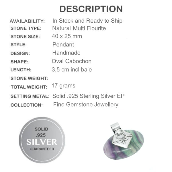Natural Multi-Fluorite Gemstone Solid.925 Sterling Silver Pendant - BELLADONNA