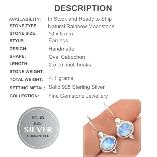 Natural Rainbow Moonstone  Gemstone Solid .925 Sterling Silver Earrings - BELLADONNA