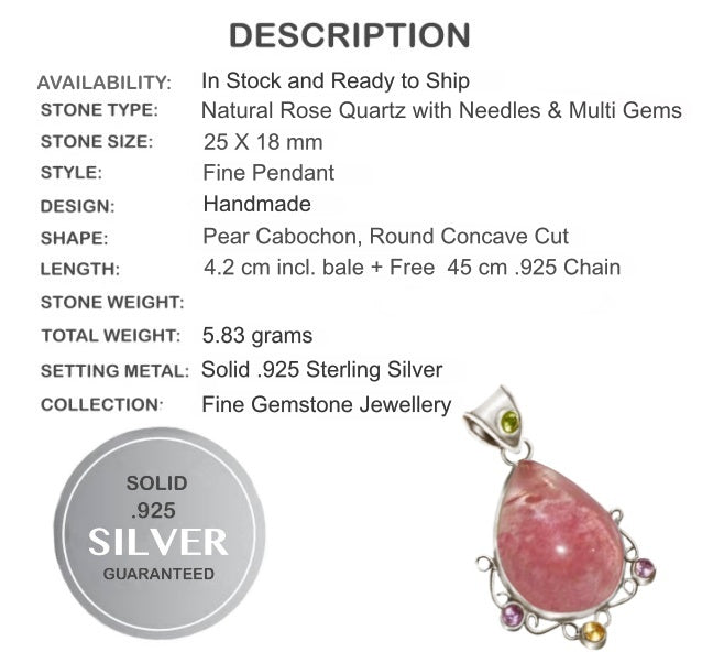 Natural Argentina Rose Quartz with Needles and Mixed Gems In Solid .925 Sterling Silver + Free Chain - BELLADONNA