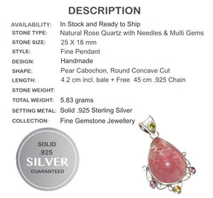 Natural Argentina Rose Quartz with Needles and Mixed Gems In Solid .925 Sterling Silver + Free Chain - BELLADONNA