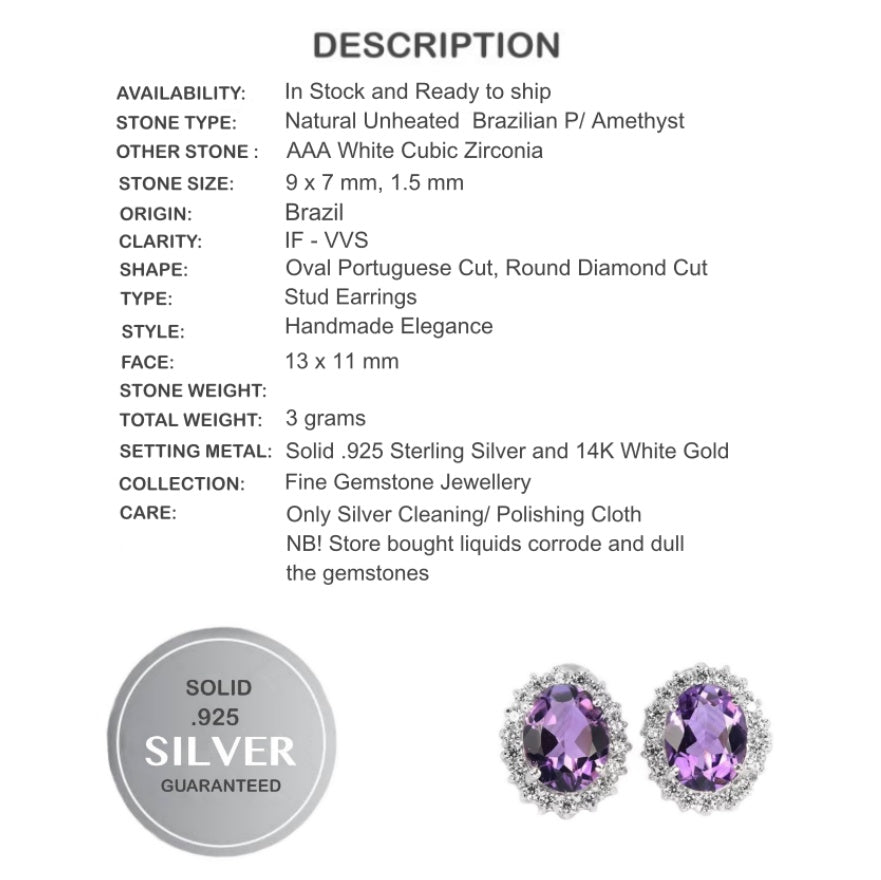Natural Unheated Brazilian Purple Amethyst & White Cubic Zirconia Solid 925 Sterling Silver Earrings - BELLADONNA