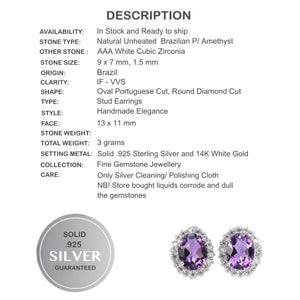 Natural Unheated Brazilian Purple Amethyst & White Cubic Zirconia Solid 925 Sterling Silver Earrings - BELLADONNA