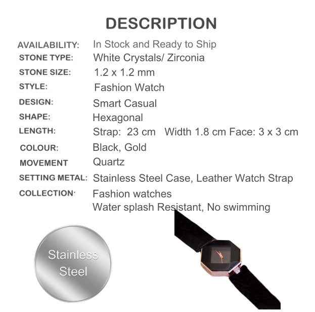 Attractive Black and Gold Geometrical Analog Quartz Watch With Black Leather Strap - BELLADONNA