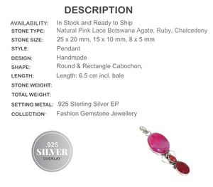Natural Pink Botswana Lace Agate, Cherry Ruby Gemstone  .925 Silver Pendant - BELLADONNA