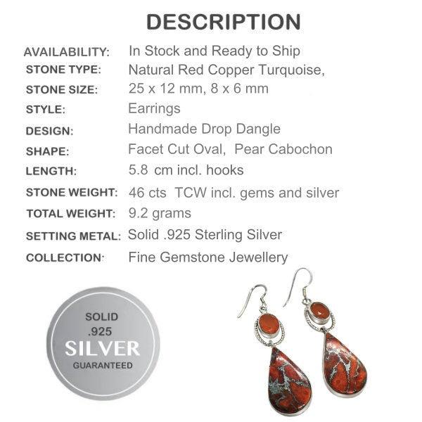 Natural Arizona Red Copper Turquoise and Carnelian Earrings in Solid .925 Sterling Silver - BELLADONNA
