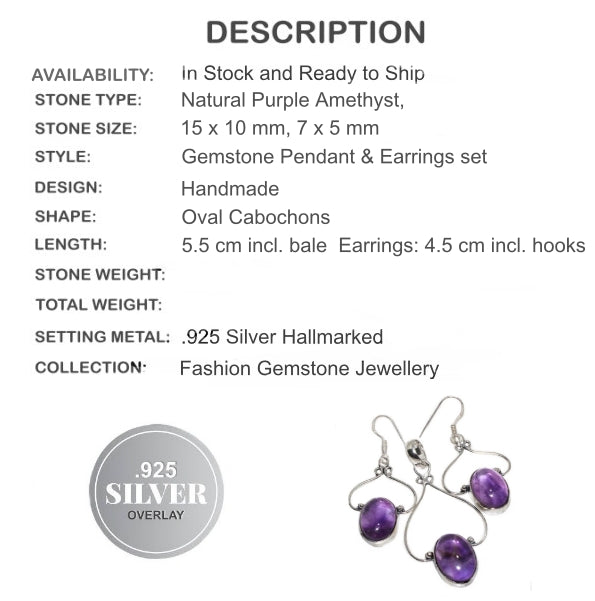 Natural Purple Amethyst Gemstone 925 Silver Necklace and Earrings Set - BELLADONNA