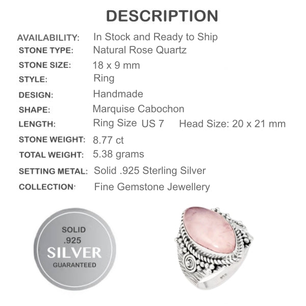 8.77 Cts Rose Quartz Gemstone Solid.925 Sterling Silver Ring Size 7 - BELLADONNA