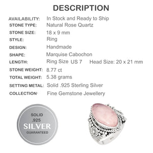 8.77 Cts Rose Quartz Gemstone Solid.925 Sterling Silver Ring Size 7 - BELLADONNA
