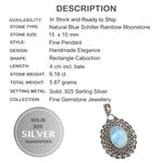 6.16 cts Natural Rainbow Moonstone Solid .925 Silver Pendant - BELLADONNA