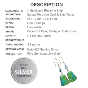 Natural Peruvian Blue Opal, Blue Topaz Gemstone Solid .925 Sterling Silver Earrings - BELLADONNA