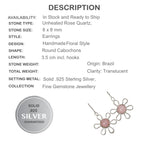 Natural Floral Pink Rose Quartz Solid .925 Sterling Silver Earrings - BELLADONNA