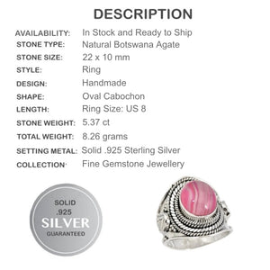 Natural Pink Botswana Lace Agate, Gemstone Solid .925 Silver Ring Size US 8 / UK Q - BELLADONNA