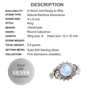 Natural Rainbow Moonstone Ring Solid .925 Silver Size 9 or R - BELLADONNA