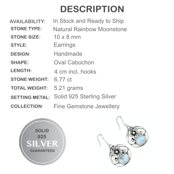 6.77 cts Natural Rainbow Moonstone Gemstone Solid .925 Silver Earrings - BELLADONNA