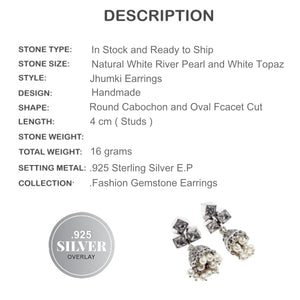 Lovely River Pearl, White Topaz Jhumki .925 Sterling Silver Stud Earrings - BELLADONNA