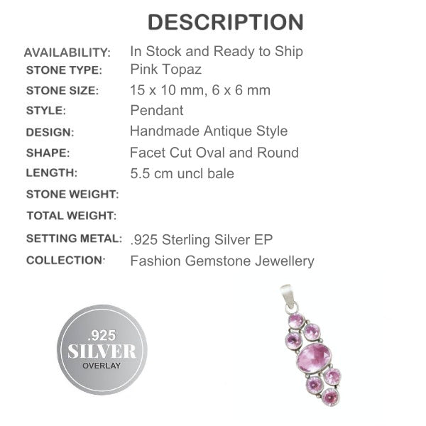 Handmade Pink Topaz Gemstone .925 Silver Pendant - BELLADONNA